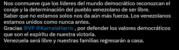 Edmundo González y María Corina envían mensaje a Kamala Harris. Foto: Captura de pantalla