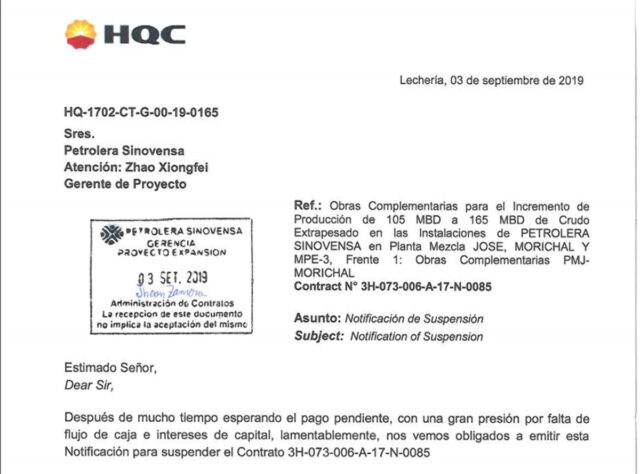 HQC de China suspendió trabajos para el régimen de Maduro por falta de pago