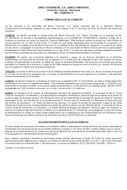 Comunicado a los Accionistas Banco Provincial, S.A. Banco Universal