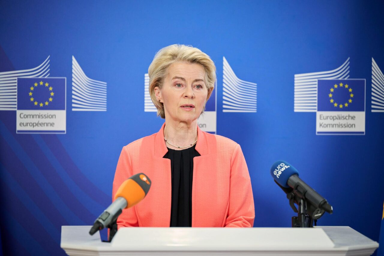 European Commission President Ursula von der Leyen reacts to US tarrifs
