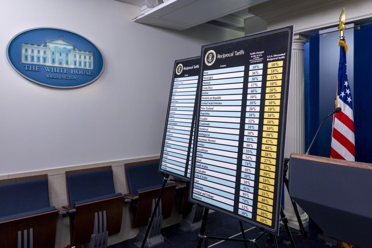 Charts in the White House's press room list tariffs President Trump levied