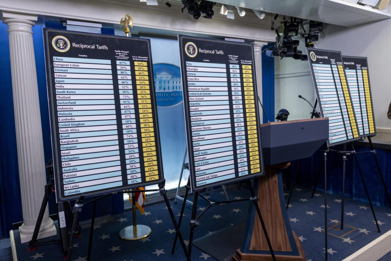 Charts in the White House's press room list tariffs President Trump levied